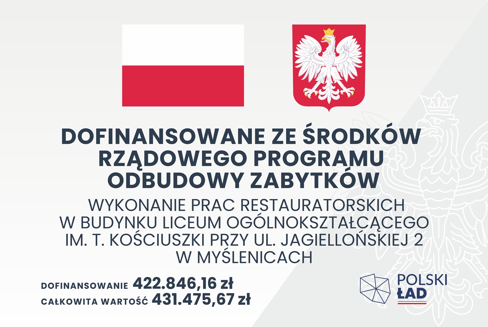 Wykonanie Prac Restauratorskich w budynku Liceum Ogólnokształcącego im. T. Kościuszki przy ul. Jagiellońskiej 2 w Myślenicach