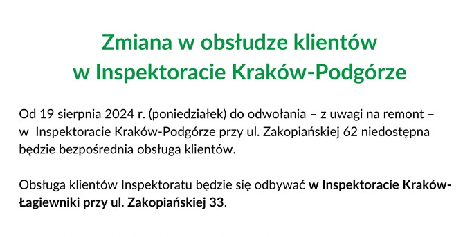 Zmiana w obsłudze klientów w Inspektoracie Kraków-Podgórze